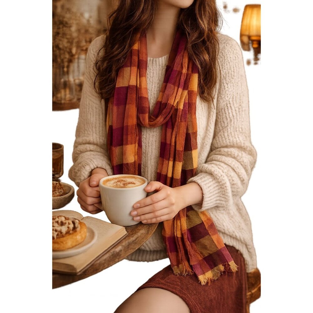 Womens Rectangle Scarf Multicolor Plaid Plaid Fringe Lightweight Academia Preppy